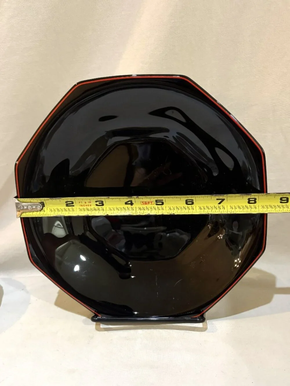 VTG Arcoroc France Black Glass Octagonal Soup Pasta Bowl Red Rim
